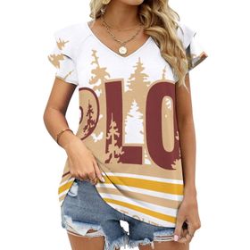 AILLOSA TH-289 V Yakalı Fırfırlı Baskılı Kadın T-shirt