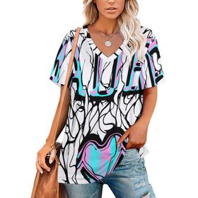 AILLOSA TH-292 Tamamı Baskılı V Yaka Kısa Kollu Kadın T-shirt