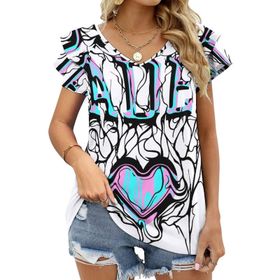 AILLOSA TH-292 V Yakalı Fırfırlı Baskılı Kadın T-shirt