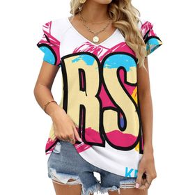 AILLOSA TH-293 V Yakalı Fırfırlı Baskılı Kadın T-shirt
