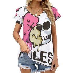 AILLOSA TH-295 V Yakalı Fırfırlı Baskılı Kadın T-shirt