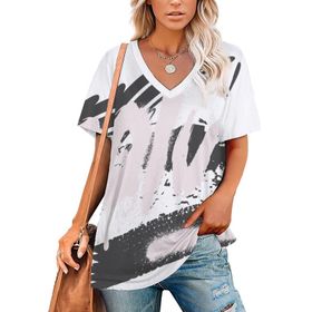AILLOSA TH-297 Tamamı Baskılı V Yaka Kısa Kollu Kadın T-shirt
