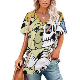 AILLOSA TH-298 Tamamı Baskılı V Yaka Kısa Kollu Kadın T-shirt
