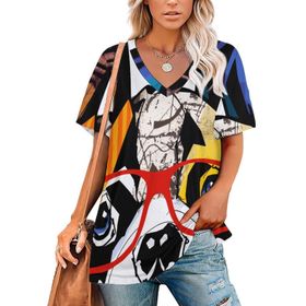 AILLOSA TH-305 Tamamı Baskılı V Yaka Kısa Kollu Kadın T-shirt