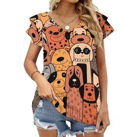 AILLOSA TH-307 V Yakalı Fırfırlı Baskılı Kadın T-shirt