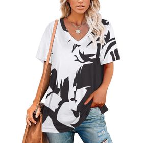 AILLOSA TH-308 Tamamı Baskılı V Yaka Kısa Kollu Kadın T-shirt