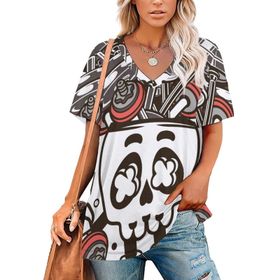 AILLOSA TH-316 Tamamı Baskılı V Yaka Kısa Kollu Kadın T-shirt