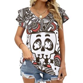 AILLOSA TH-316 V Yakalı Fırfırlı Baskılı Kadın T-shirt