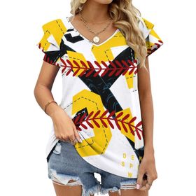 AILLOSA TH-318 V Yakalı Fırfırlı Baskılı Kadın T-shirt