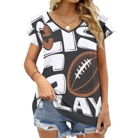 AILLOSA TH-321 V Yakalı Fırfırlı Baskılı Kadın T-shirt