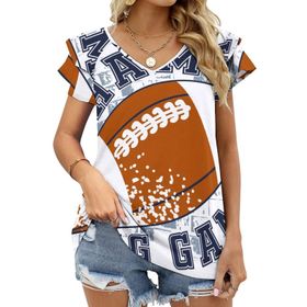 AILLOSA TH-322 V Yakalı Fırfırlı Baskılı Kadın T-shirt