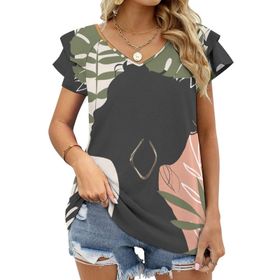 AILLOSA TH-323 V Yakalı Fırfırlı Baskılı Kadın T-shirt