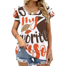 AILLOSA TH-324 V Yakalı Fırfırlı Baskılı Kadın T-shirt
