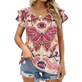 AILLOSA TH-325 V Yakalı Fırfırlı Baskılı Kadın T-shirt