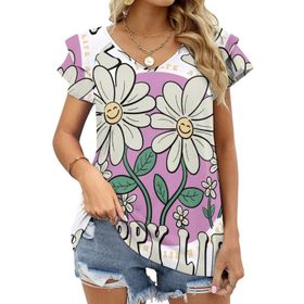 AILLOSA TH-327 V Yakalı Fırfırlı Baskılı Kadın T-shirt