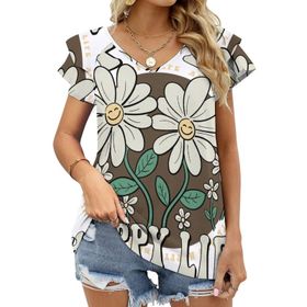 AILLOSA TH-328 V Yakalı Fırfırlı Baskılı Kadın T-shirt