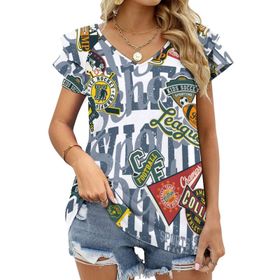 AILLOSA TH-332 V Yakalı Fırfırlı Baskılı Kadın T-shirt