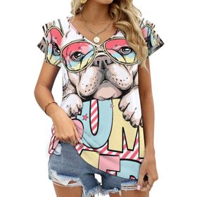 AILLOSA TH-333 V Yakalı Fırfırlı Baskılı Kadın T-shirt