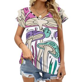 AILLOSA TH-334 V Yakalı Fırfırlı Baskılı Kadın T-shirt