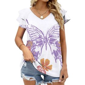 AILLOSA TH-336 V Yakalı Fırfırlı Baskılı Kadın T-shirt