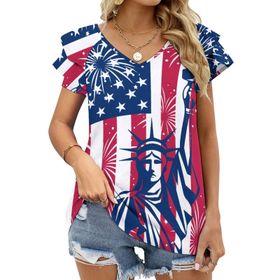 AILLOSA TH-338 V Yakalı Fırfırlı Baskılı Kadın T-shirt