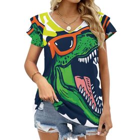 AILLOSA TH-339 V Yakalı Fırfırlı Baskılı Kadın T-shirt