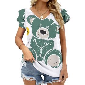 AILLOSA TH-344 V Yakalı Fırfırlı Baskılı Kadın T-shirt