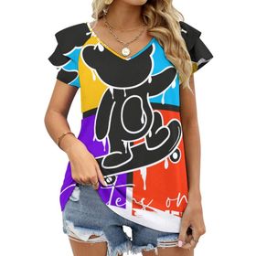 AILLOSA TH-347 V Yakalı Fırfırlı Baskılı Kadın T-shirt
