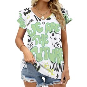 AILLOSA TH-349 V Yakalı Fırfırlı Baskılı Kadın T-shirt