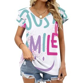 AILLOSA TH-350 V Yakalı Fırfırlı Baskılı Kadın T-shirt