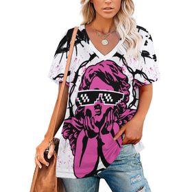 AILLOSA TH-352 Tamamı Baskılı V Yaka Kısa Kollu Kadın T-shirt