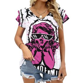 AILLOSA TH-352 V Yakalı Fırfırlı Baskılı Kadın T-shirt