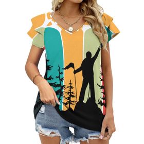 AILLOSA TH-354 V Yakalı Fırfırlı Baskılı Kadın T-shirt