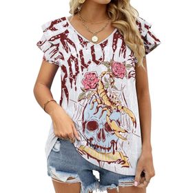 AILLOSA TH-356 V Yakalı Fırfırlı Baskılı Kadın T-shirt