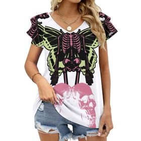 AILLOSA TH-358 V Yakalı Fırfırlı Baskılı Kadın T-shirt