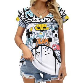AILLOSA TH-359 V Yakalı Fırfırlı Baskılı Kadın T-shirt
