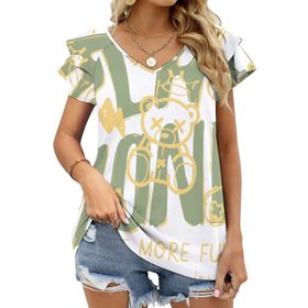 AILLOSA TH-361 V Yakalı Fırfırlı Baskılı Kadın T-shirt