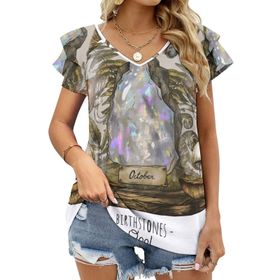 AILLOSA TH-367 V Yakalı Fırfırlı Baskılı Kadın T-shirt