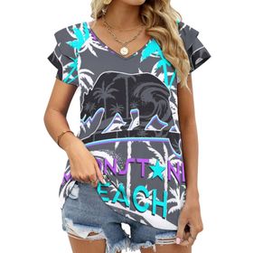 AILLOSA TH-369 V Yakalı Fırfırlı Baskılı Kadın T-shirt