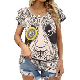 AILLOSA TH-371 V Yakalı Fırfırlı Baskılı Kadın T-shirt