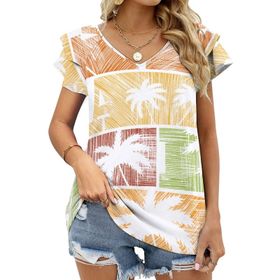 AILLOSA TH-372 V Yakalı Fırfırlı Baskılı Kadın T-shirt