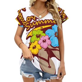 AILLOSA TH-373 V Yakalı Fırfırlı Baskılı Kadın T-shirt