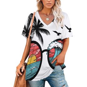 AILLOSA TH-378 Tamamı Baskılı V Yaka Kısa Kollu Kadın T-shirt