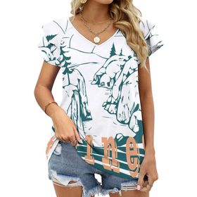 AILLOSA TH-38 V Yakalı Fırfırlı Baskılı Kadın T-shirt