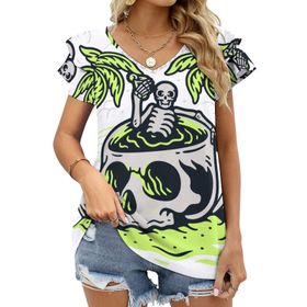 AILLOSA TH-380 V Yakalı Fırfırlı Baskılı Kadın T-shirt