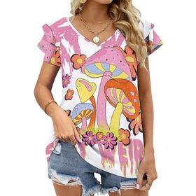 AILLOSA TH-381 V Yakalı Fırfırlı Baskılı Kadın T-shirt