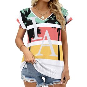 AILLOSA TH-384 V Yakalı Fırfırlı Baskılı Kadın T-shirt