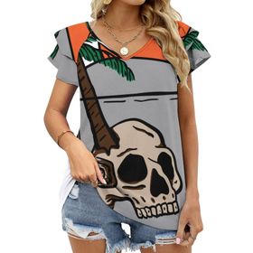 AILLOSA TH-387 V Yakalı Fırfırlı Baskılı Kısa Kollu Kadın T-shirt