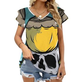 AILLOSA TH-395 V Yakalı Fırfırlı Baskılı Kısa Kollu Kadın T-shirt