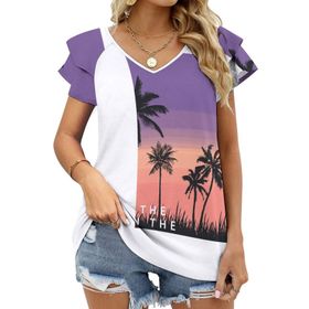 AILLOSA TH-397 V Yakalı Fırfırlı Baskılı Kısa Kollu Kadın T-shirt